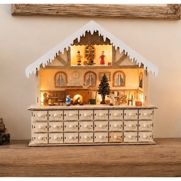 Enchanting Other - Lighted Wooden Advent Calendar 3D Holiday HomeScene LED 24 Drawers 15" Tall